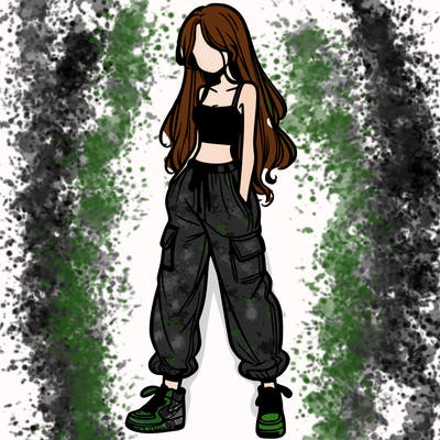 girl in baggy pants crop top and long hair