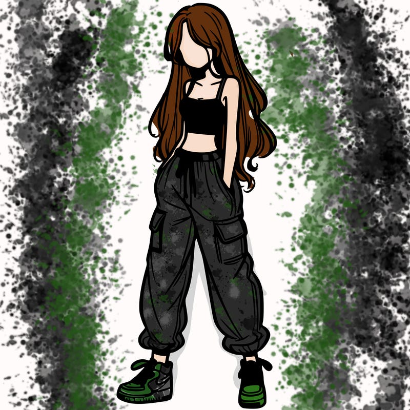 girl in baggy pants crop top and long hair