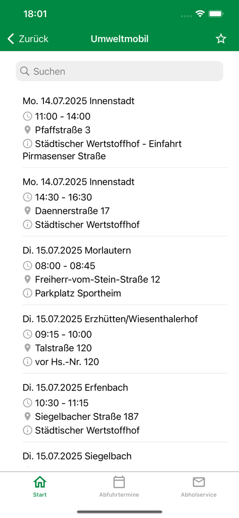 Eine Liste mit Daten und Orten für den mobilen Abfallsammeldienst in Kaiserslautern