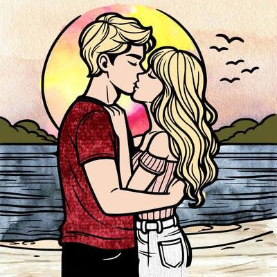 boyfriend and girlfriend looking at the sunset on the beach and kissing