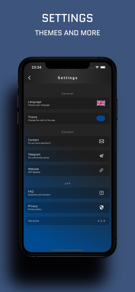 Insect Food Scanner - Einstellungsbildschirm der Insekten-Lebensmittelscanner-App, der Menüoptionen für Sprache, Design und Kontaktaufnahme mit dem Support anzeigt.