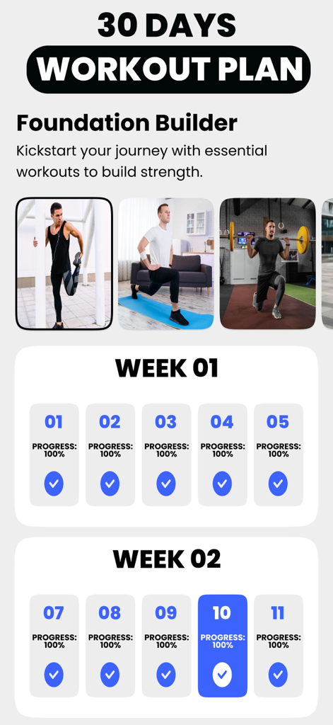 Leg Workouts & Butt Workout - Interfaz de una aplicación de fitness que muestra un plan de entrenamiento de treinta días con seguimiento del progreso diario y fotos de ejercicios.