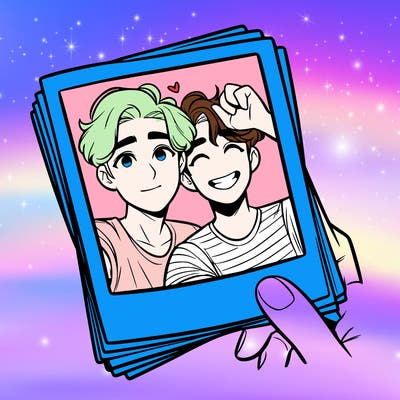 realistic, best friends taking a polaroid picture