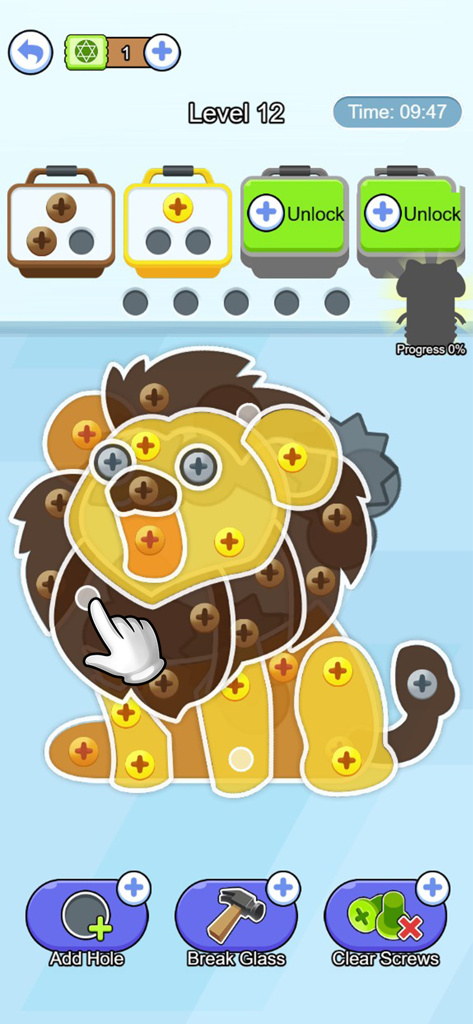 Gameplay screenshot of Screw Pin Jam Puzzle showing a lion shaped level with screw sorting mechanics.