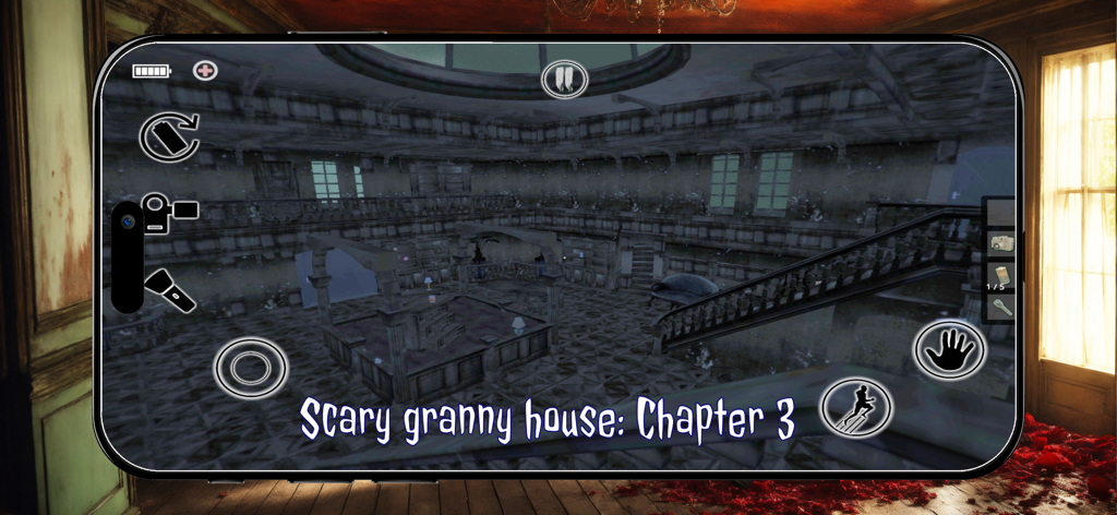 Old Granny: Escape Room - Gameplay screenshot showing a large dark hall inside a haunted mansion in the Old Granny Escape Room mobile game.