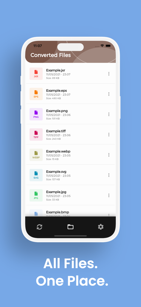 BMP Converter, BMP to PDF - Uma lista de arquivos convertidos em diferentes formatos como PNG e TIFF dentro do aplicativo Conversor BMP
