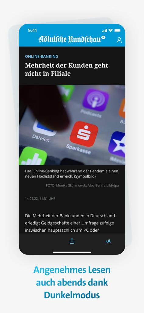 Kölnische Rundschau - Koelnische Rundschau Mobile App-Oberfläche im Dark Mode, die einen deutschen Nachrichtenartikel zeigt