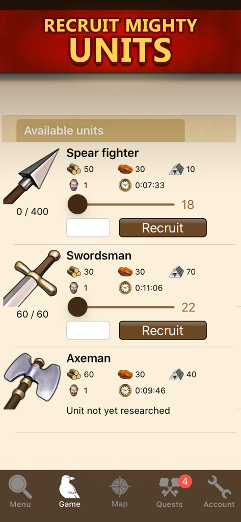 Tribal Wars - Recruitment screen in Tribal Wars mobile app showing spear fighter and swordsman units