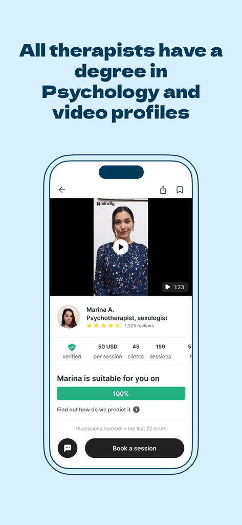 A verified therapist profile in the Mindly Therapy app with a video introduction and booking button