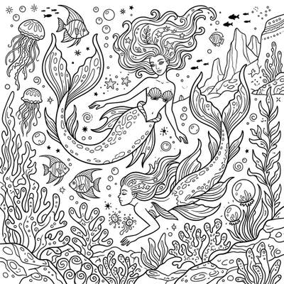 Explore the mystical depths of the ocean with this captivating coloring page featuring two beautiful deep-sea mermaids. Young artists will love bringing this magical underwater scene to life with their favorite colors.