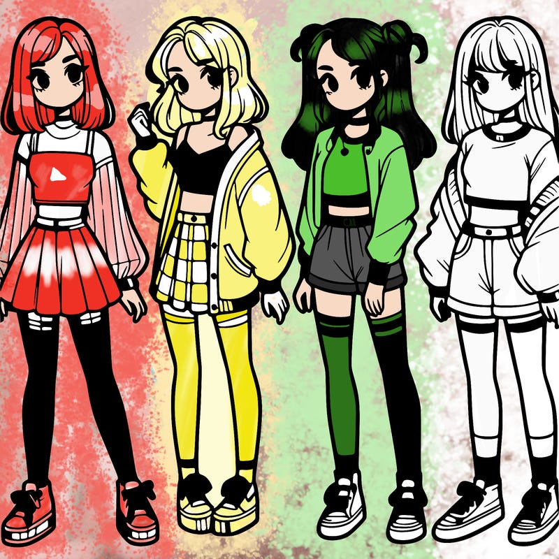 one girl with crop-top shirt and a jacket with a skirt, long socks and another girl with a shirt and pants with a jacket