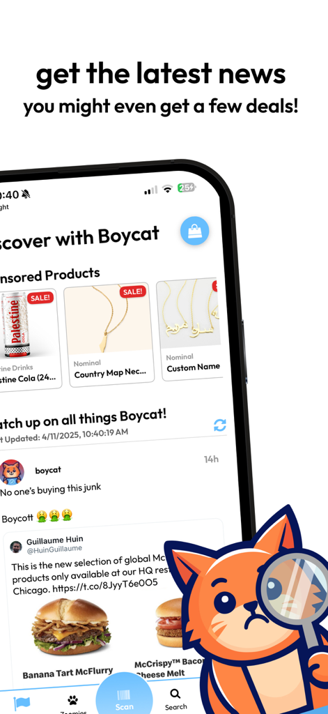 Interfaz de la aplicación Boycat que muestra productos éticos y un feed de noticias sociales