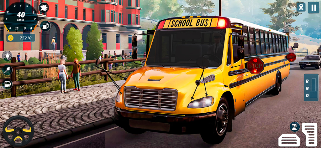 School Bus Driving Game 3D - A yellow school bus in a 3D driving simulation game with on screen controls