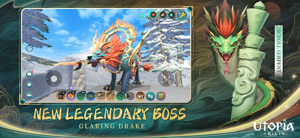 Utopia: Origin - Captura de tela da jogabilidade do chefe lendário Glaring Drake no jogo mobile Utopia Origin.