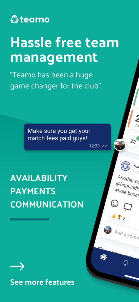 Écran d'accueil de l'application Teamo mettant en évidence les fonctionnalités de gestion d'équipe telles que la disponibilité, les paiements et la communication.