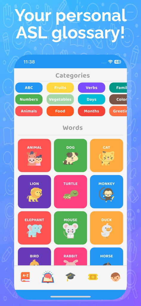 Screenshot of the InterSign ASL app showing a personal glossary with categories and colorful animal vocabulary cards