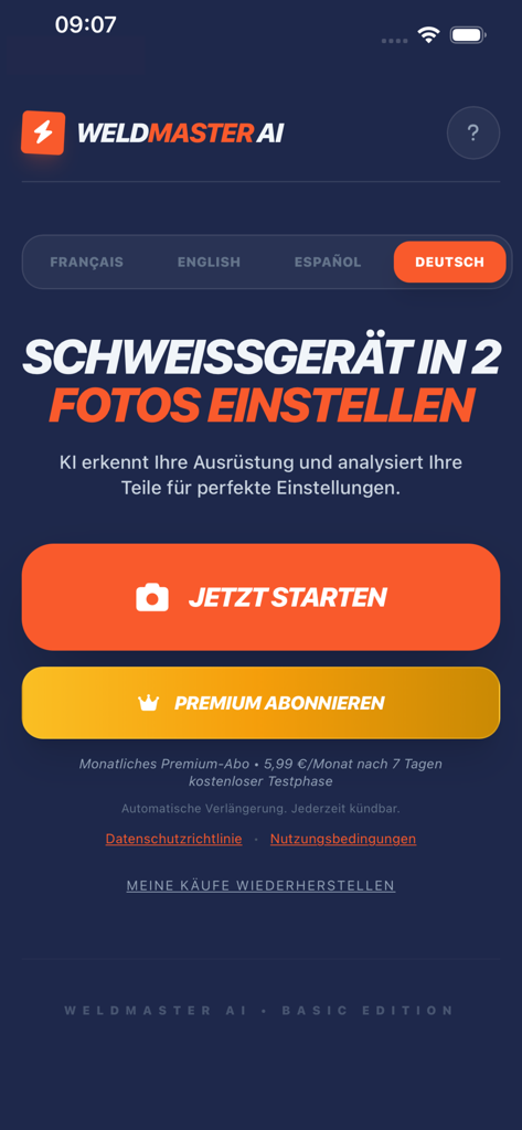 Weldmaster AI - Interface do aplicativo Weldmaster AI em alemão com um botão iniciar para escanear equipamentos e seleção de idioma