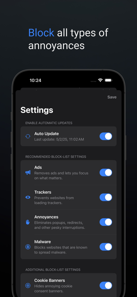 Ad Blocker for Safari - Void - Menú de configuración del bloqueador de anuncios Void para Safari que muestra opciones para bloquear anuncios y rastreadores