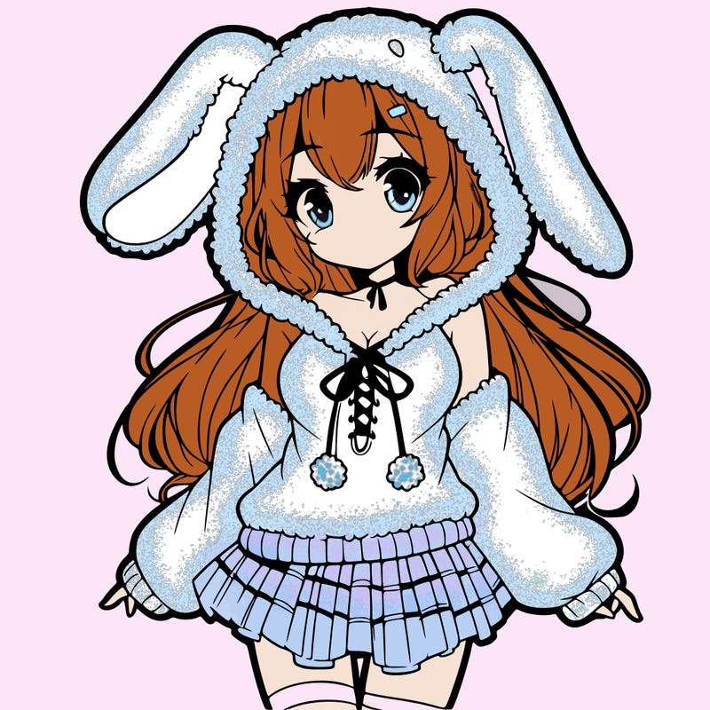 pretty anime girl wearing a fluffy hoodie with bunny ears on the hood and a skirt