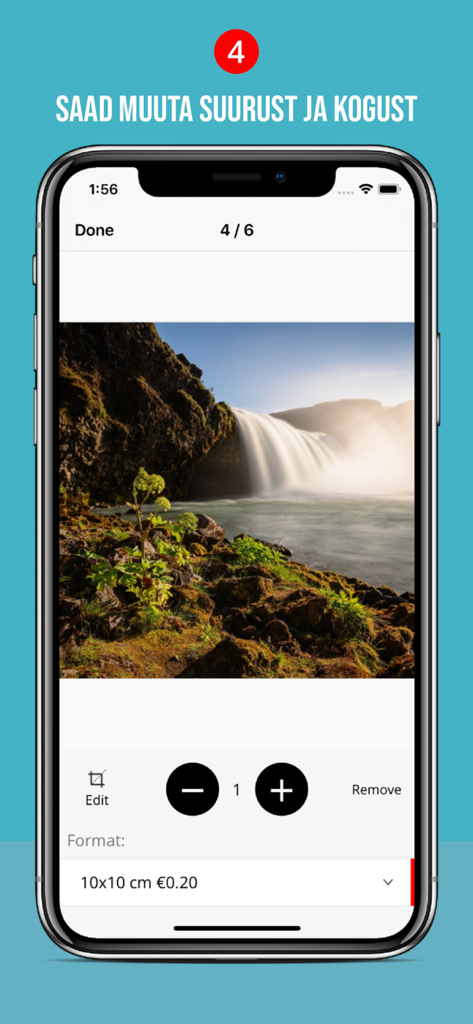 Oberfläche der Photopoint Photoexpress App, die Optionen zur Anpassung von Fotodruckgröße und -menge zeigt