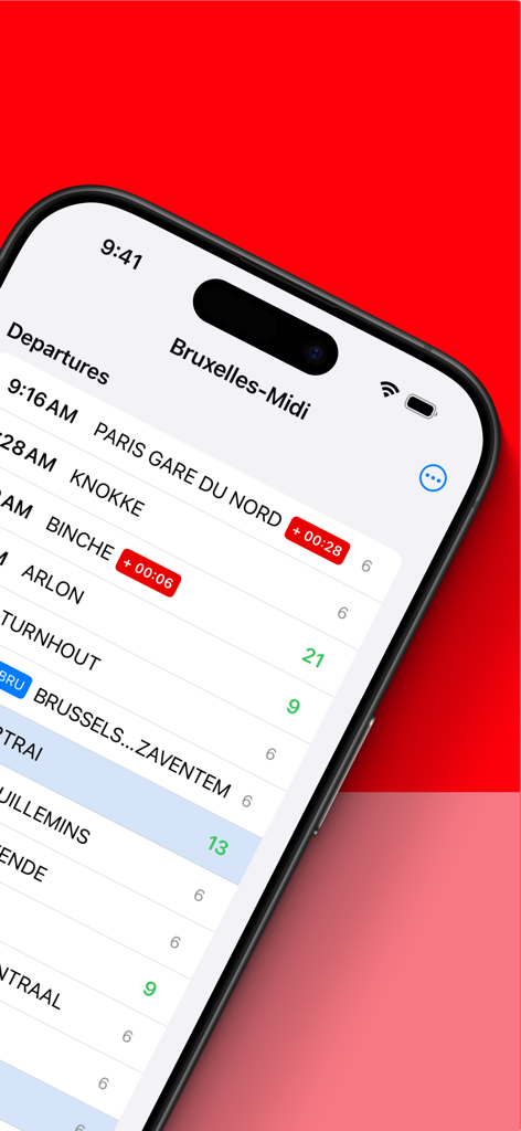 Abfahrtstafel für den Bahnhof Bruxelles Midi in der BH-Mobil-App-Oberfläche
