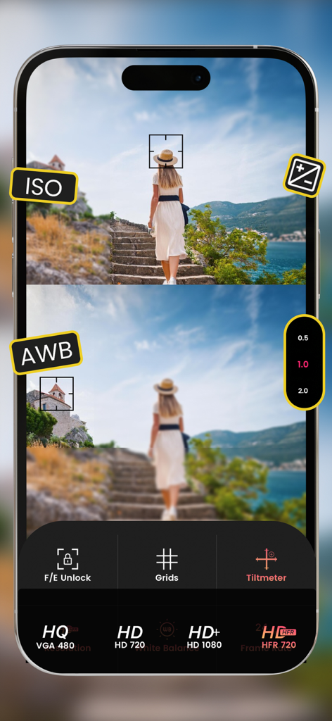 Pro Camera with RAW & Focus - Interface of Pro Camera app with manual ISO, white balance, and focus settings on an iPhone.