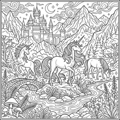 Journey into a fantastical realm with this intricate unicorn coloring page, showcasing these mythical creatures amidst a grand castle and serene natural beauty. Perfect for unleashing your creativity and adding vibrant hues to a magical full scene.