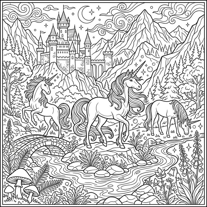 Journey into a fantastical realm with this intricate unicorn coloring page, showcasing these mythical creatures amidst a grand castle and serene natural beauty. Perfect for unleashing your creativity and adding vibrant hues to a magical full scene.