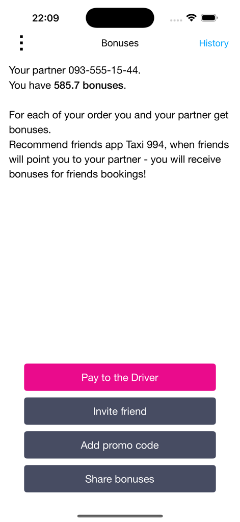 Taxi 994 - Order Taxi Online - Bonuses and referral program interface in the Taxi 994 app