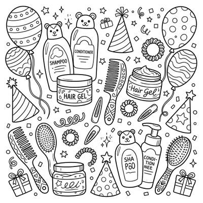 Get ready for a super fun celebration with this Kids' Haircare Birthday coloring page! It features a playful mix of gentle hair products and festive party elements, perfect for young artists.