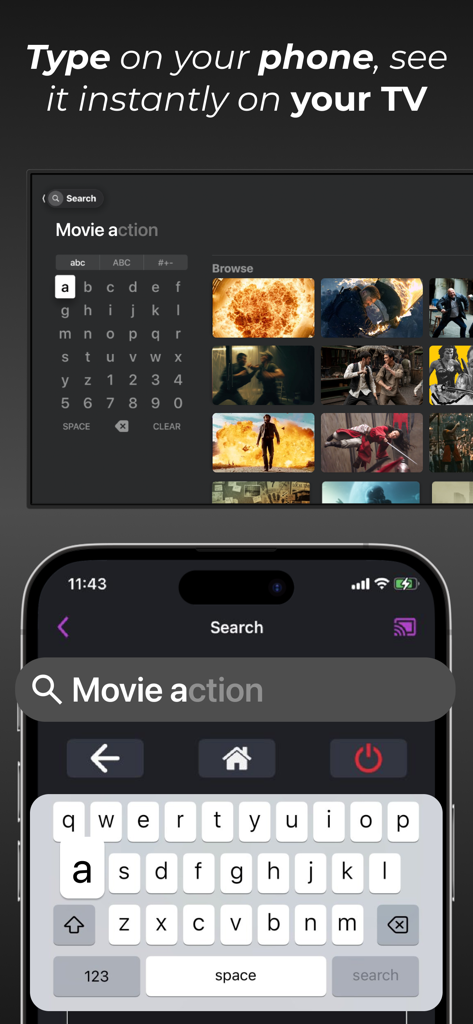 iPhone app interface showing a keyboard used to search for movies on a smart TV screen
