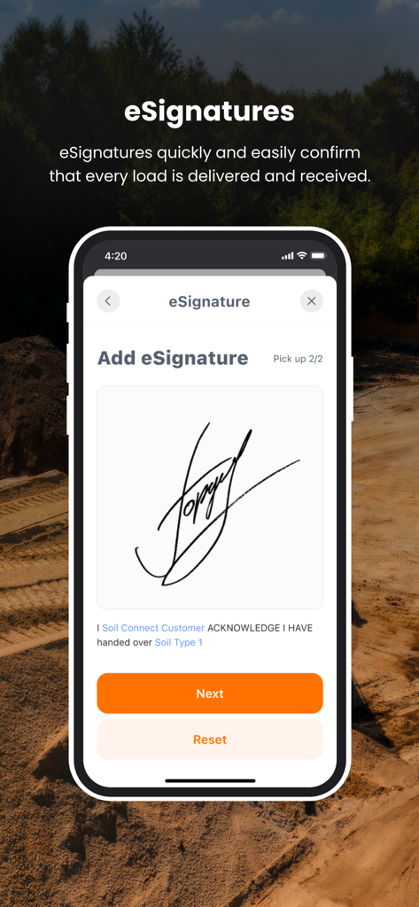 Digital signature capture screen in the E-Tickets app for construction material delivery