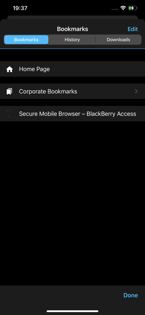 BlackBerry Access - BlackBerry Access app bookmarks menu showing corporate links and browsing history