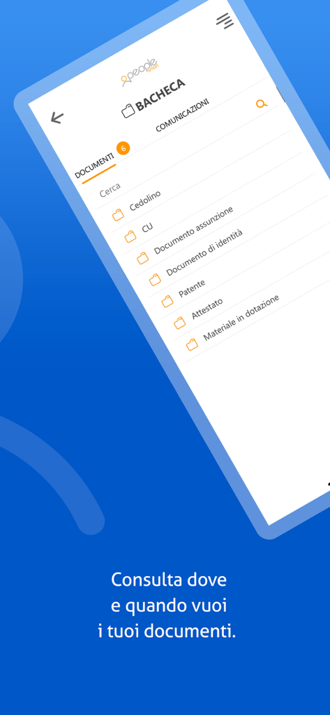People Smart mobile app interface displaying a list of employee documents like pay stubs and identity cards