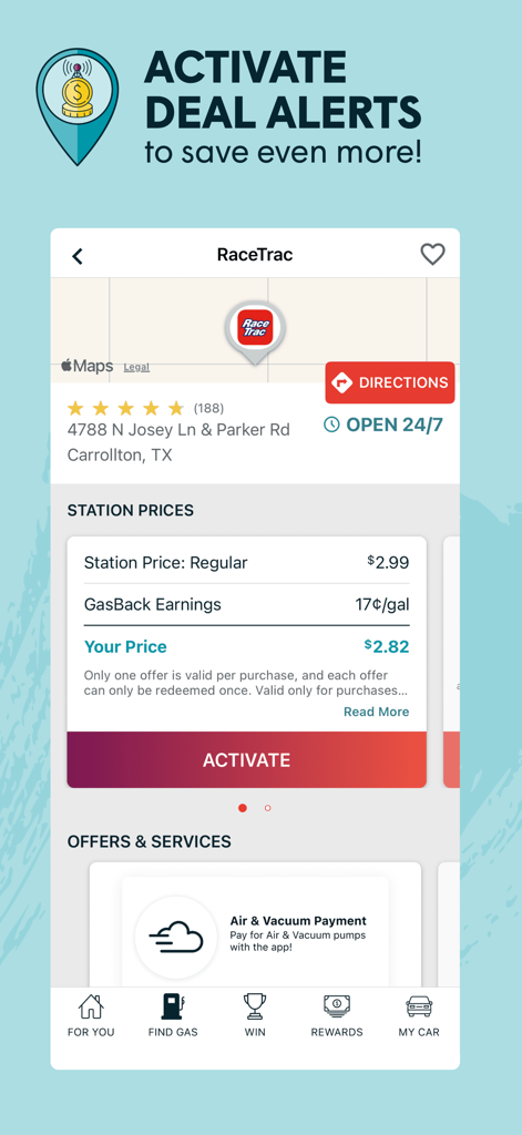 Interface do aplicativo GasBuddy mostrando um alerta de oferta de preço de combustível para um posto RaceTrac com um botão de ativação para economizar em combustível.