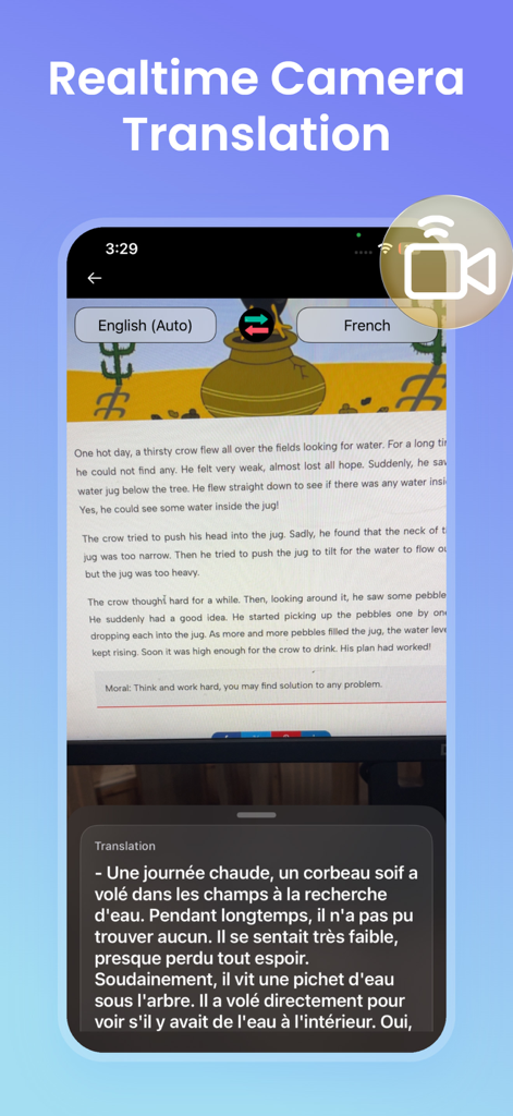 Offline Language Translator - Traduzione in tempo reale da fotocamera di testo inglese in francese all'interno dell'app Offline Language Translator