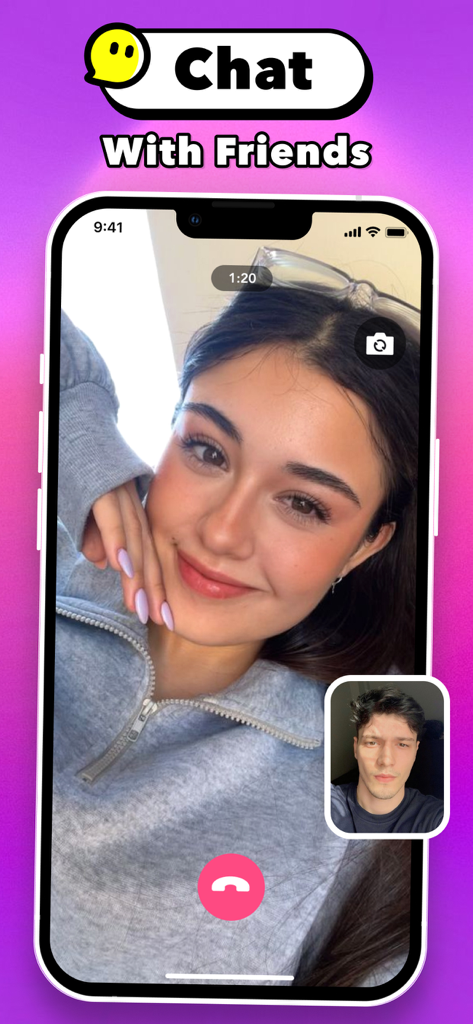 Gala - Feeds & Live Call - A 1v1 live video call interface on the Gala app with the text Chat With Friends