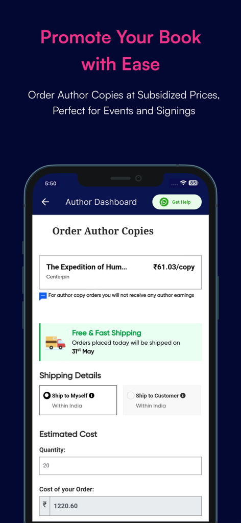 Notion Press - Notion Press app interface for ordering author copies of a book at subsidized prices.