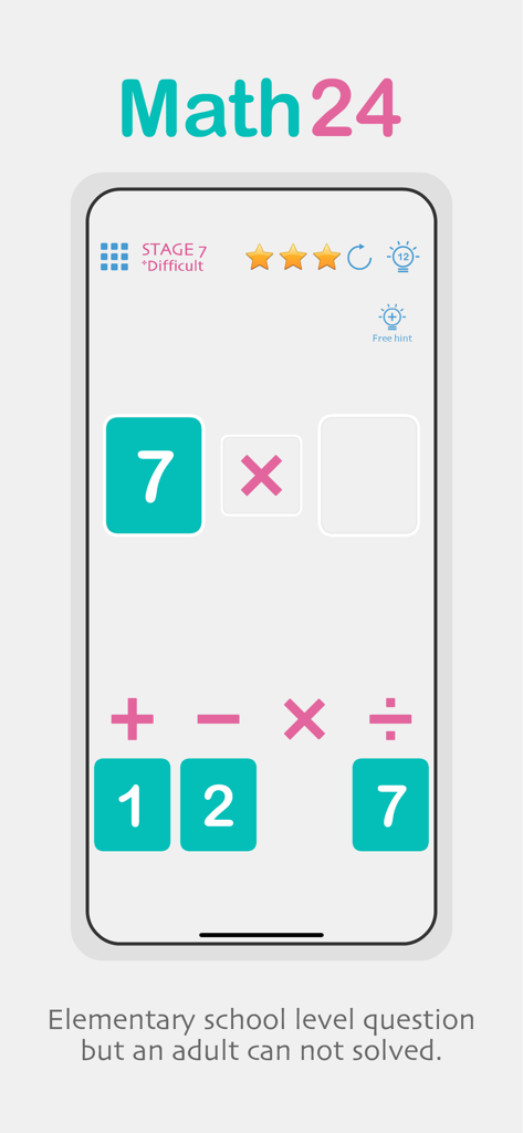 Math24 Puzzle - A screenshot of the Math24 Puzzle app showing a difficult mental math challenge with teal and white interface