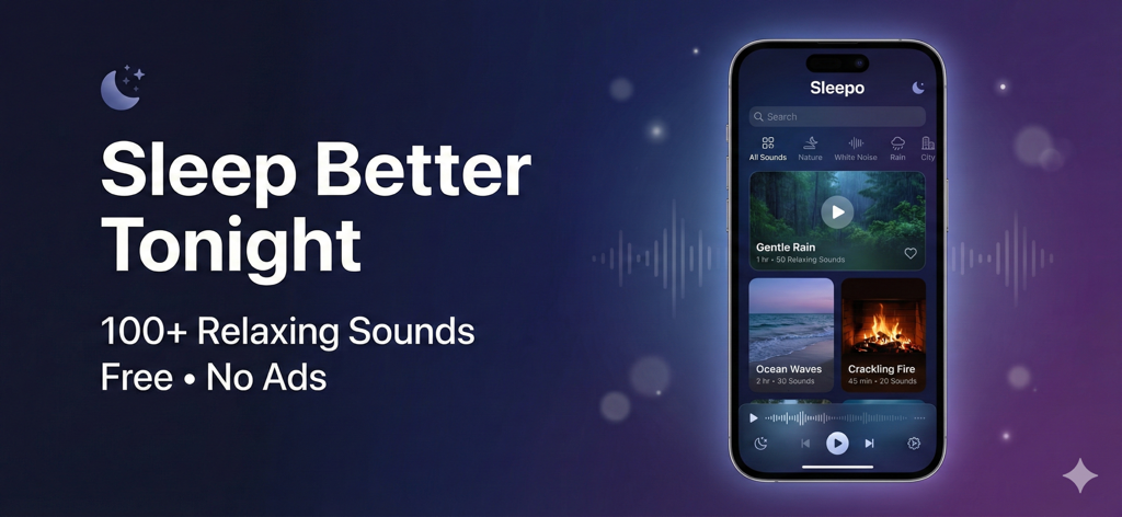 Sleepo: Sleep Sounds & Relax - Smartphone displaying the Sleepo app interface with categories for nature and white noise sounds and text sleep better tonight free and no ads