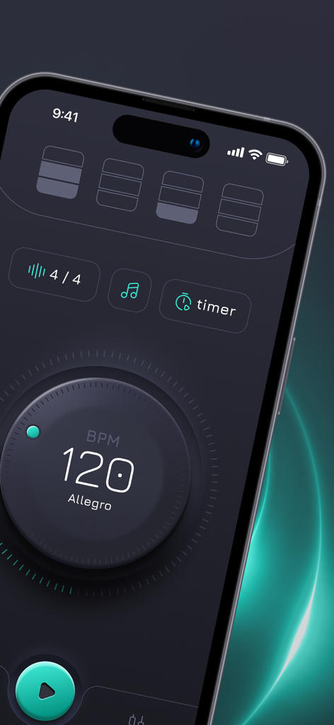 Metronome – Beats & Tempo - Metronome app interface on iPhone showing a 120 BPM tempo dial and 4/4 time signature in dark mode