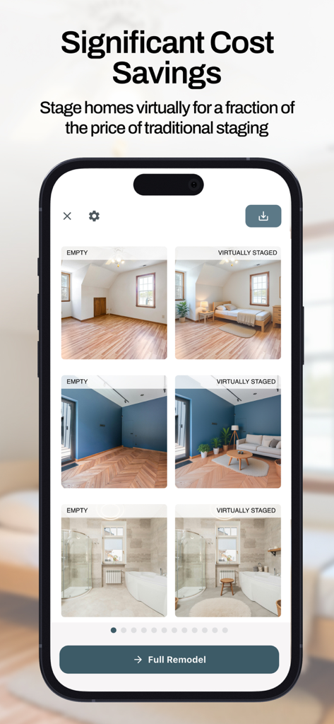 Virtual Staging AI - Stager - Comparison of empty and virtually staged rooms in the app.