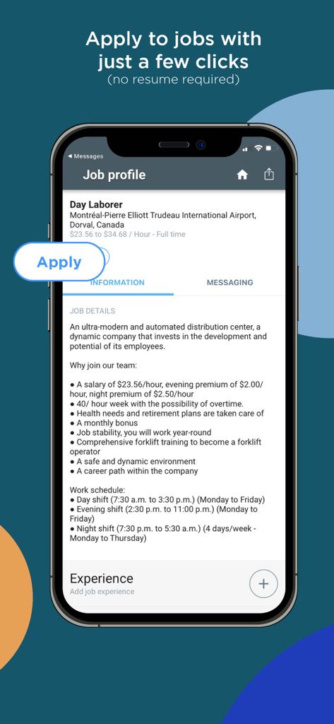 AppyHere Mobile App zeigt ein Tagesarbeiter-Stellenprofil mit einer Schnellbewerbungsschaltfläche und ohne Lebenslauferfordernis an