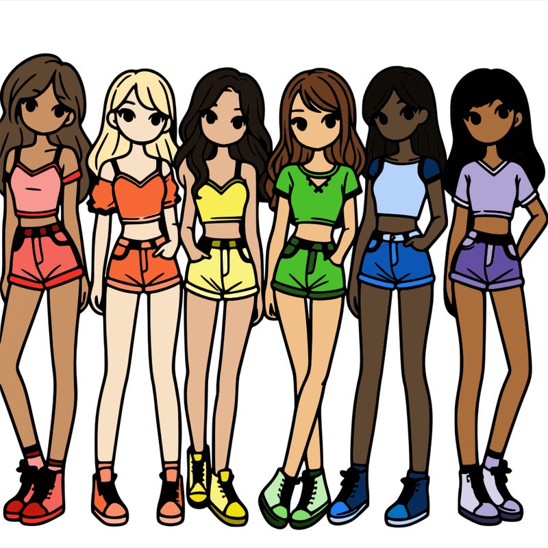a group of girls wearing crop tops and shorts
