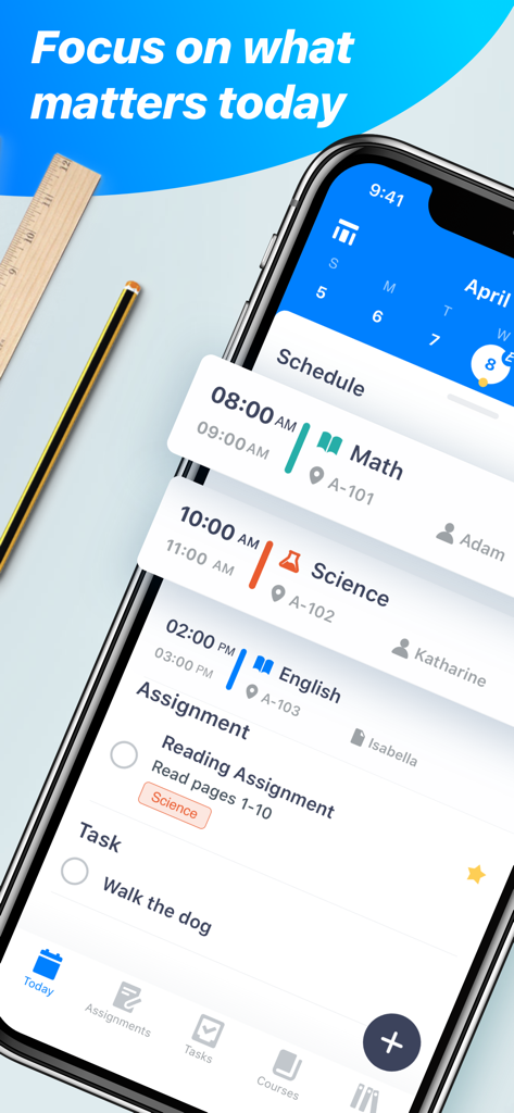 Pocket Schedule Planner - Écran de smartphone affichant un emploi du temps quotidien d'étudiant avec les cours, les devoirs et les tâches