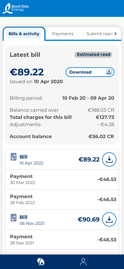 My Bord Gais Energy app screen showing latest bill details and payment activity