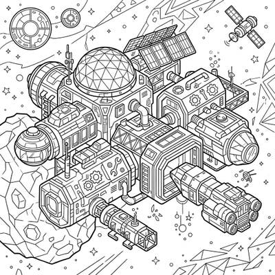 Dive into the future with this complex manufacturing space hub coloring page. Featuring intricate details of an orbital station, it's perfect for sci-fi enthusiasts and aspiring space engineers.