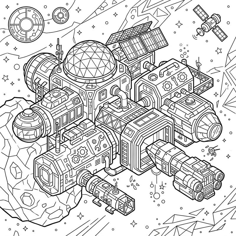 Dive into the future with this complex manufacturing space hub coloring page. Featuring intricate details of an orbital station, it's perfect for sci-fi enthusiasts and aspiring space engineers.