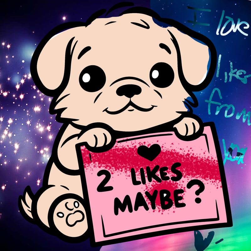 a puppy holding a sign that says 2 likes maybe?