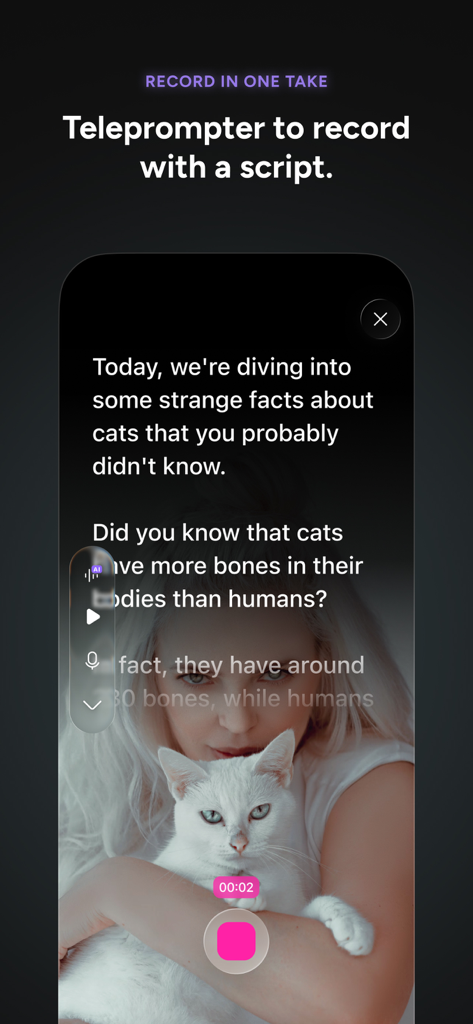 Detail: AI Video Editor - A mobile screen showing the teleprompter feature in Detail AI Video Editor while recording a script